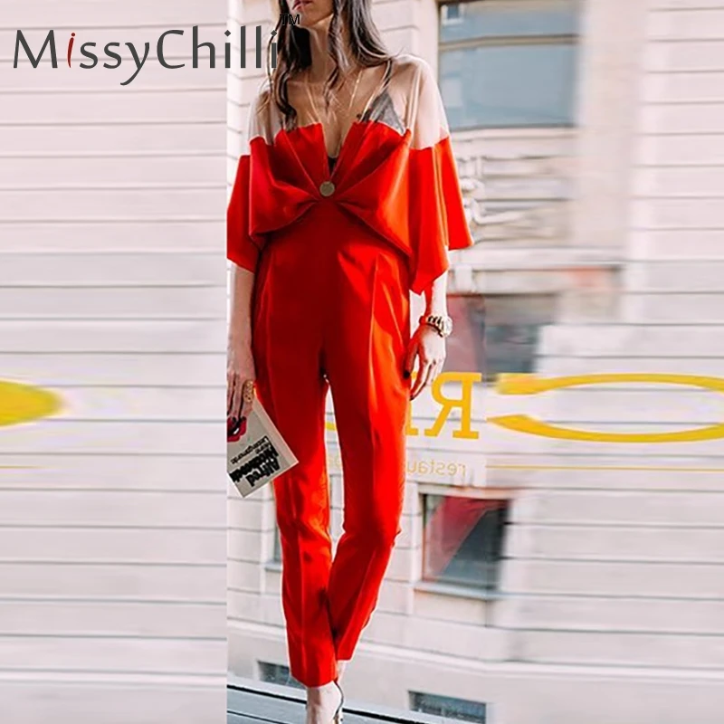 MissyChilli красный лоскутный плиссированный комбинезон для женщин Модный сексуальный комбинезон женский винтажный v шеи длинный костюм пляжного типа