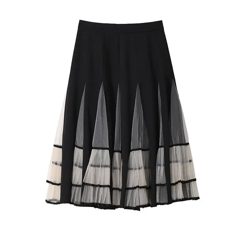 Johnature, Корейская Осенняя Женская плиссированная юбка, новинка, высокая уличная мода, комбинированная сетка, 2 цвета, женские свободные юбки с высокой талией - Цвет: Черный