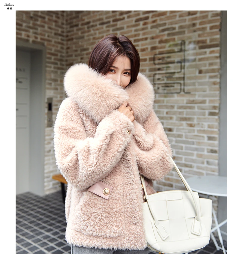 

ZiZhen Short Woolen Jacket With Fox Fur Trim Hood Overcoat Single Breasted Winter Warm Women KQN19073