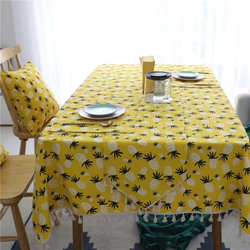 Yellow Pineapple Printed Cotton Linen Tassel Table Cloth Cover Home Party Decor 