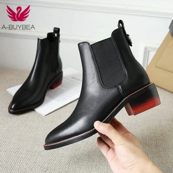 

Women Genuine Leather Boots Brogue Carved Ankle Boots Fashion Chelsea Low Heels Ladies Booties Spring 2018 Winter Ladies Shoes