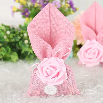 

Factory wholesale 5pcs rose gift bag happy candy bag Candy Bag gift bag hemp cloth bag happy candy box satin bags 14X24CM