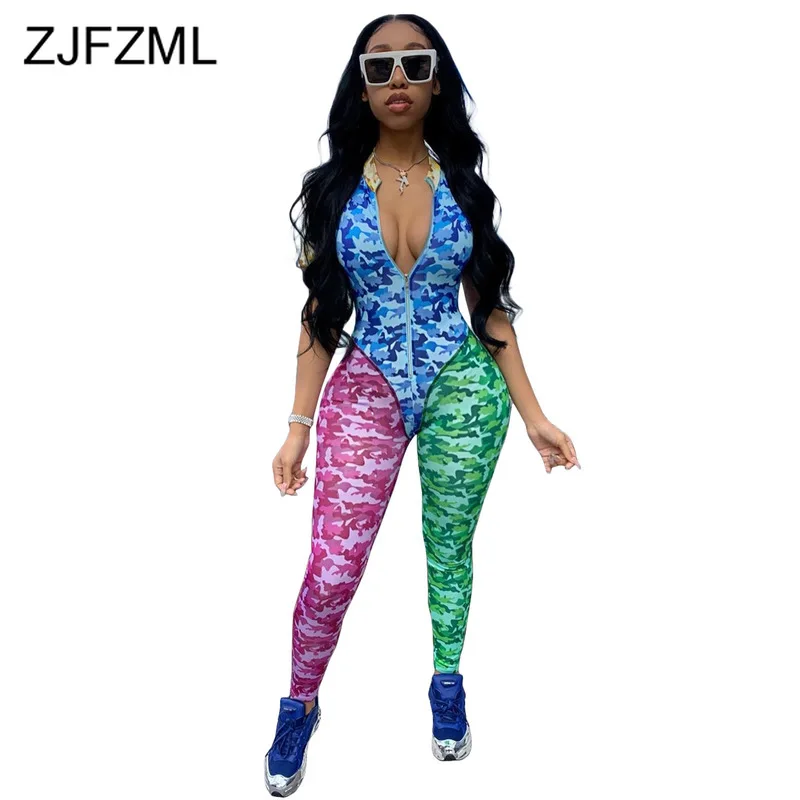 

Camo Pattern Sexy Bodycon Jumpsuit Women Short Sleeve Skinny One Piece Party Bodysuits Stand Collars Zippers Bandage Playsuit