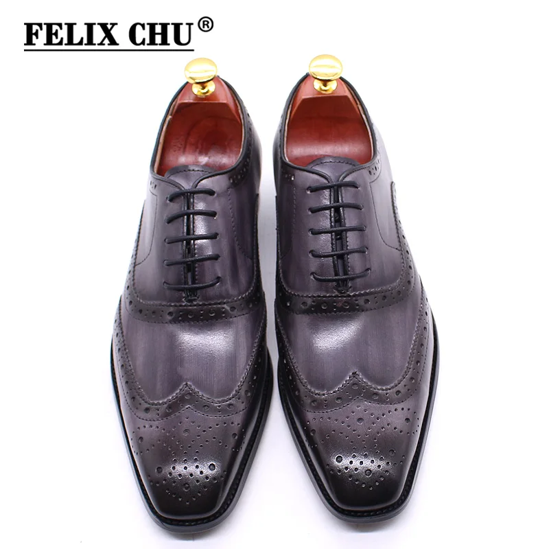 Size 7-13 Handmade Mens Wingtip Oxford Shoes Grey Genuine Leather Brogue Men's Dress Shoes Classic Business Formal Shoes for Men