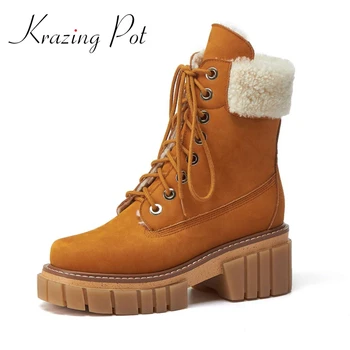 

Krazing Pot faux suede round toe thick bottom snow boots European style beauty lady streetwear winter keep warm ankle boots L04