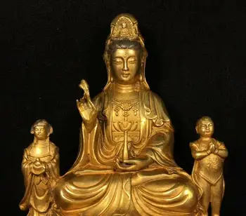 

11" Old copper China bronze Pure copper brass Golden Boy Jade Guanyin statue