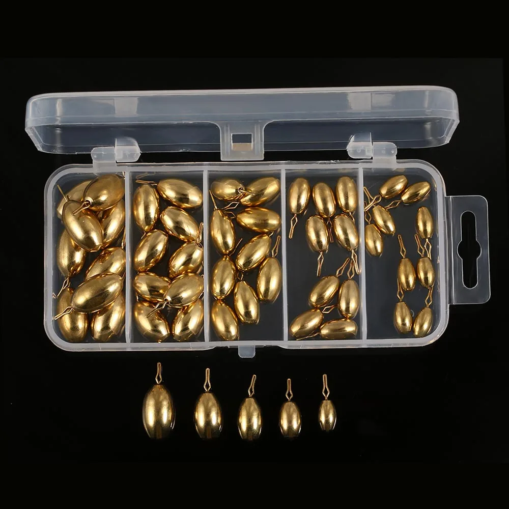 

50pcs Fishing Sinker Assorted Copper Bulk Set Box Swivel Sinker Kit Casting Drop Copper Sinker Fishing Tackle Accessories Gold