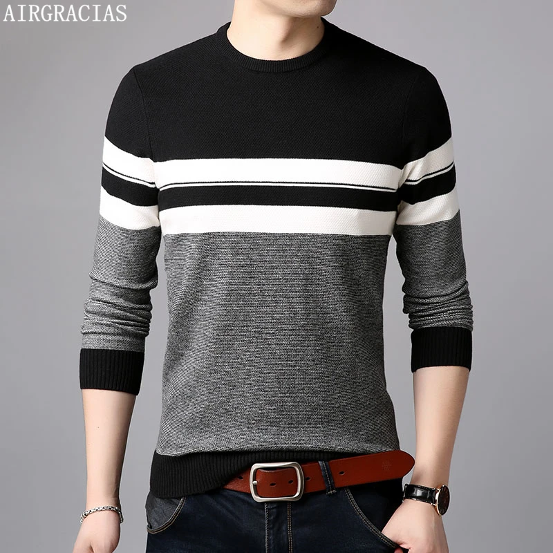 Miglior AIRGRACIAS 2019 di Marca casual Uomini Pullover Lavorato A Maglia A Righe Maschile Maglione Degli Uomini del Vestito di Spessore Mens Maglie e Maglioni Jersey di cotone Abbigliamento Autunno Nuovo