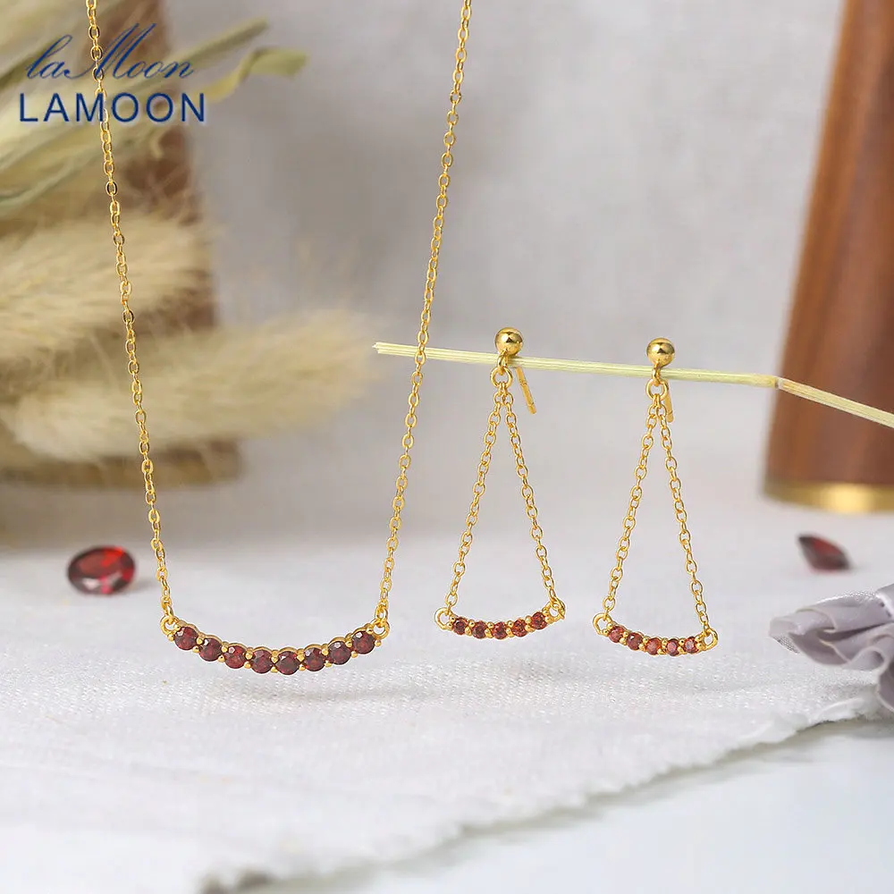 

LAMOON Vingate 925 Silver Jewelry Set For Women Natural Mini Garnet Gemstone 14K Gold Plated Fine Jewelry Korean Party Gift V078