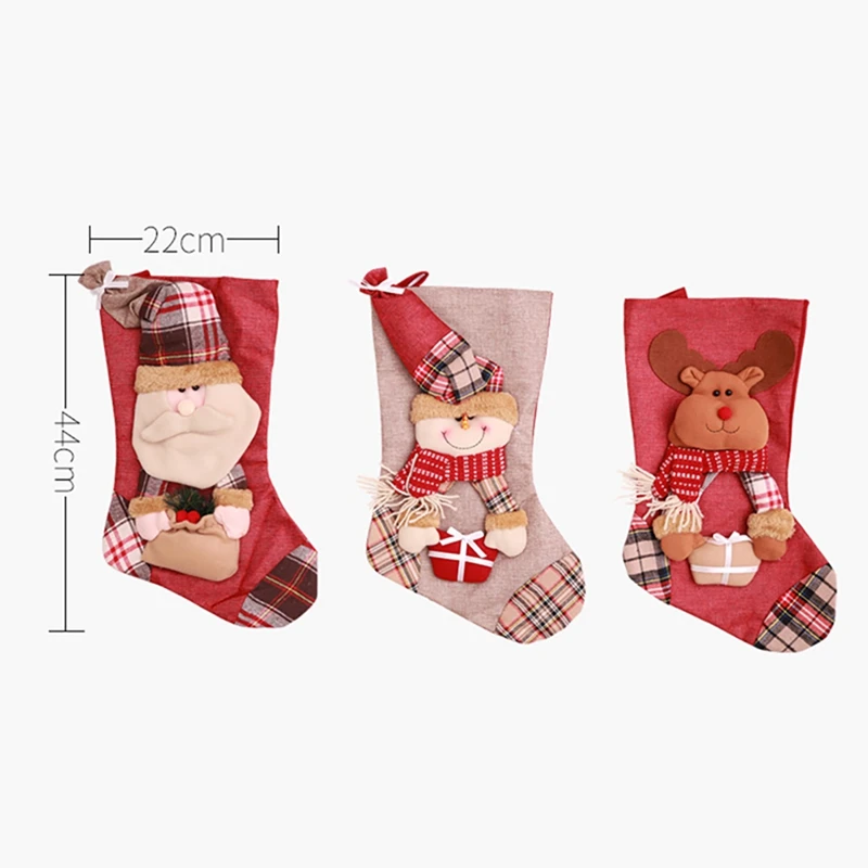 Christmas Stocking For Christmas Decoration,big Plaid Santa Claus Elk Snowman Christmas Candy Stocking Lovely Gift Bag