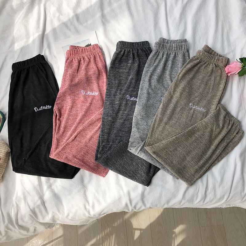 

Women pants Home Wear Casual Pants Women 2020 Letter Embroidery Elastic Waist Summer Breathable Thin Ankle Length Pants