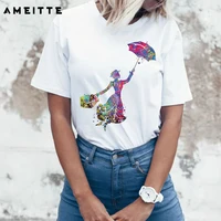 AMEITTE Summer Tops Watercolor Mary Poppins Portrait T Shirts Women's Fashion All-match Female White Tee Shirt 1