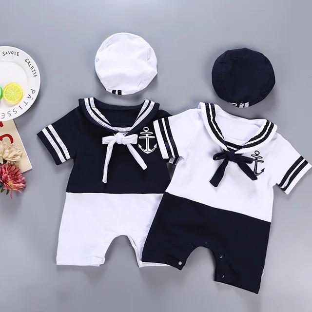 New Fashion Summer Newborn Navy Style Baby Romper Kids Boys Girls Sailor Jumpsuit+Hat 2Pcs Body Short-sleeve Anchor Printed Suit 3