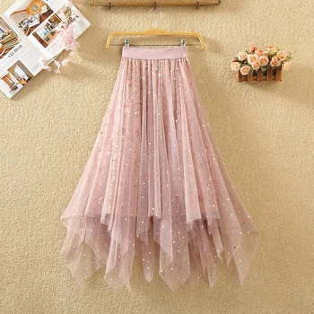 

Irregular net yarn skirts female stars in the fall and winter of sequins pleuche lined with long skirt in the thin veil