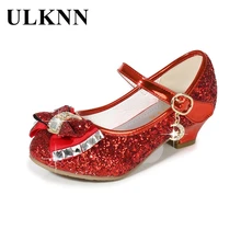 ULKNN-zapatos de tacón alto con purpurina para niñas, calzado informal de cuero con flores, nudo de mariposa, color azul, rosa y plateado, 2021