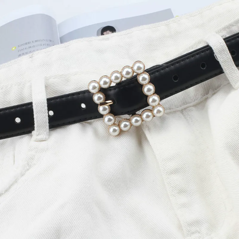 

Leather Belt Women's Fashion Wild Solid Color Belt Alloy Square Buckle Inlaid Pearl Decoration Sweet Style Belt Women