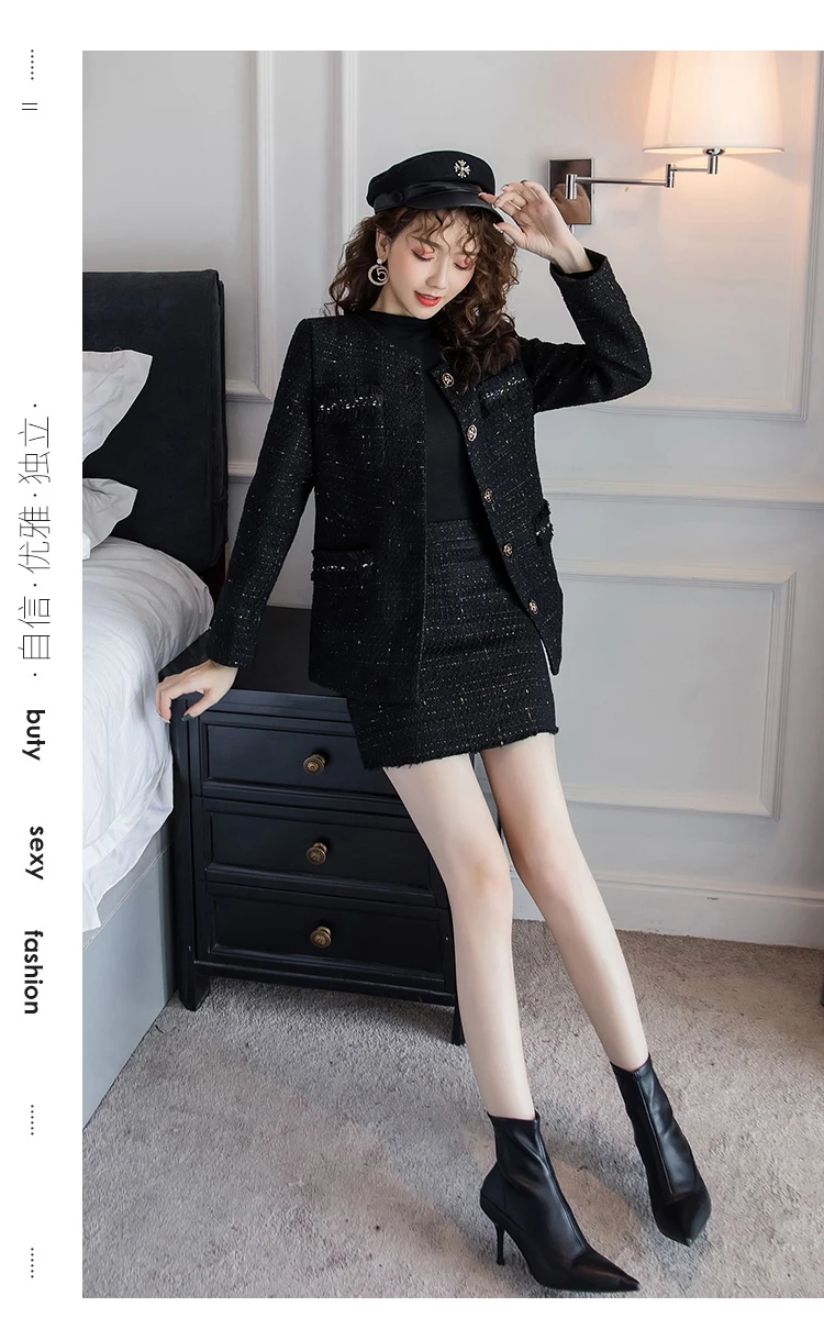 Black Tweed Blazer Skirt Two Piece Sets Autumn Winter New Ladies Tweed Jacket+ Skirt Coat Women Suits Clothes Wholesale