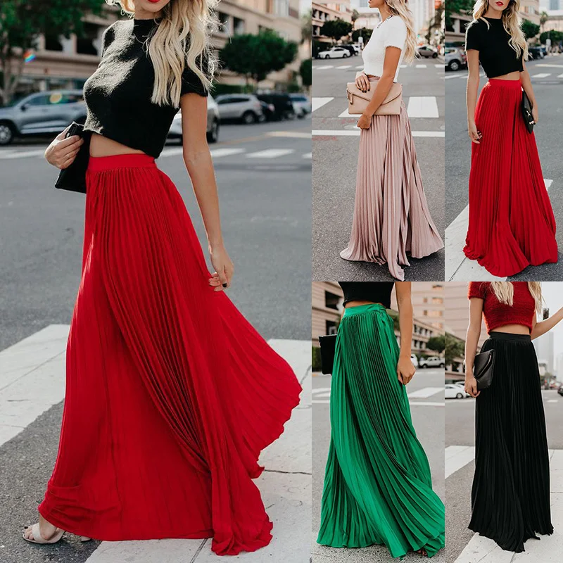 Для женщин Boho Высокая талия шифон Max расклешенное плиссированное платье с коротким и широким подолом длинные Drance Пышная юбка