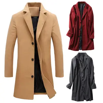 

Men Winter Coat Lapel Collar Wool & Blends Single-breasted Pockets Plus Size Trench Coat manteau Black Grey homme пальто мужское