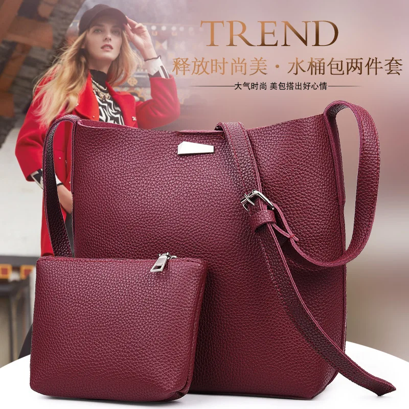 

Autumn New Style PU Handbag Korean-style Bucket Type Embossed Leather Solid Color Large-Volume Picture Shoulder Bag