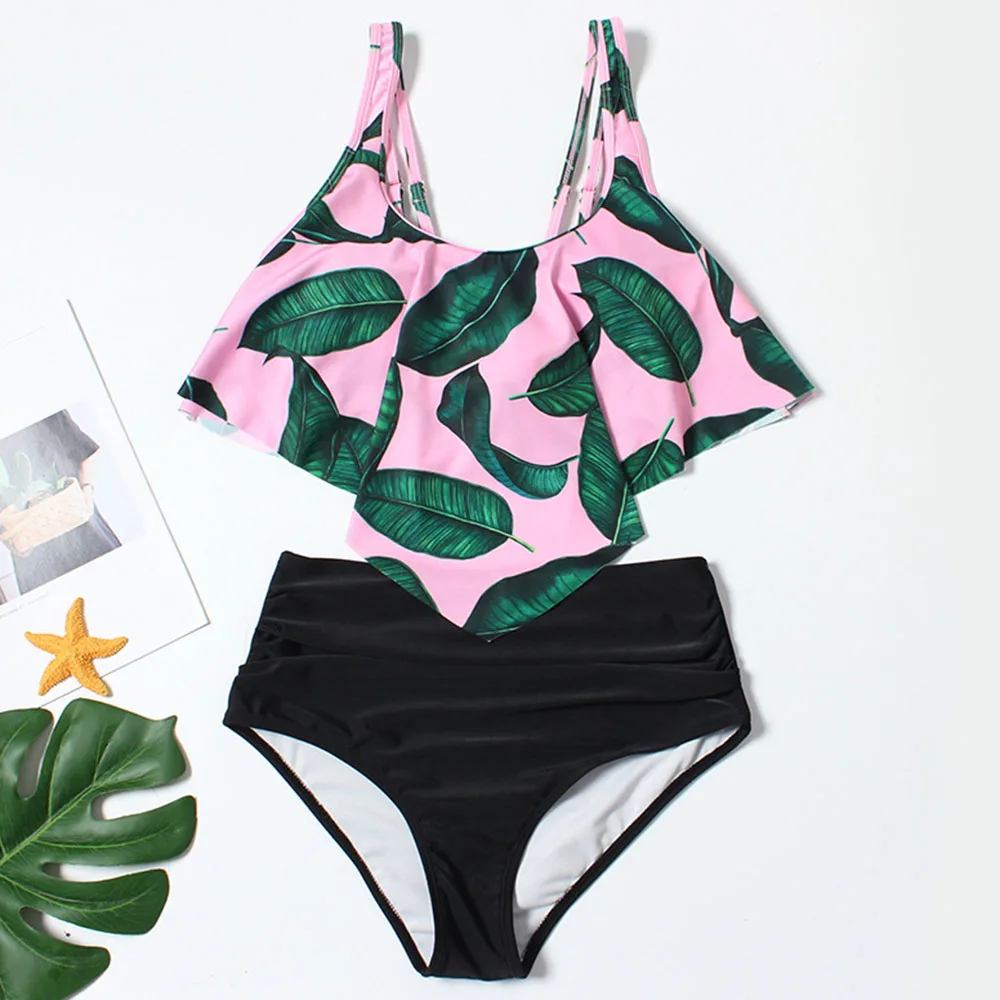 

Female Falbala Sexy Two Pieces Swimwear Chic Sweet Floral Girls Tankini Set Summer Women Beachwear Vacation Bikini Sets