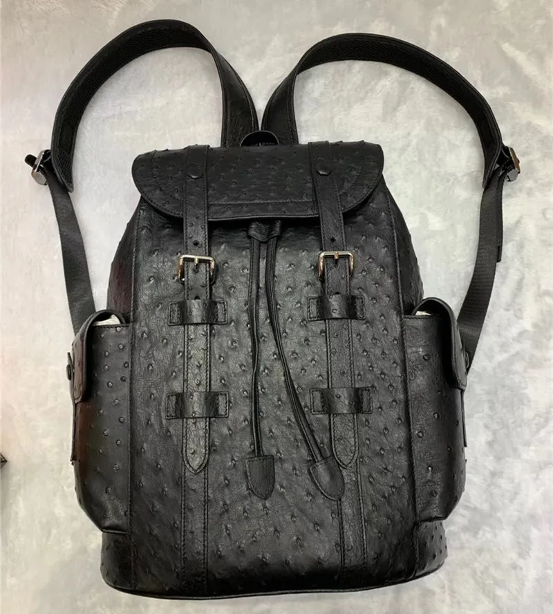 Authentic Real True Ostrich Skin Men Large Casual Black Drawstring Backpack Genuine Exotic Leather Male Leisure Travel Bag Pack 3