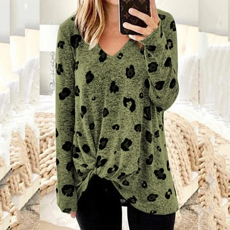 

Sholina Plus Size Casual T Shirts Women Front Knot Printed Tops V Neck Casual Loose Tee Shirts Female Autumn Long Sleeve Jumper