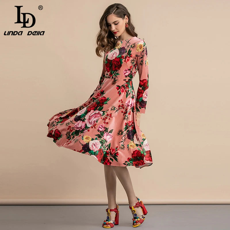 LD LINDA делла модное подиумное осенне-зимнее бархатное платье женское с длинным рукавом винтажное с цветочным принтом и оборками элегантное платье миди