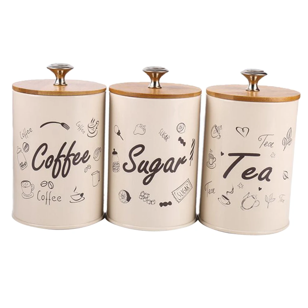 Blesiya Pack 3 Pieces Metal Kitchen Sugar , Coffee , Tea Jars Canisters,1L