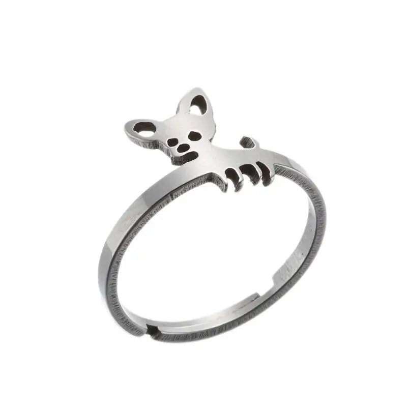 Shuangshuo Chihuahua Finger Rings Adjustable Animal Shape Stainless Steel Ring For Women