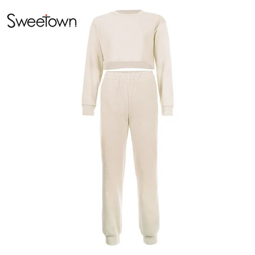 white Sweetown, осенне-зимний комплект из 2 предметов, укороченный топ и штаны, Женские однотонные повседневные спортивные штаны, комплект, женский спортивный костюм, уличная одежда - Color: white