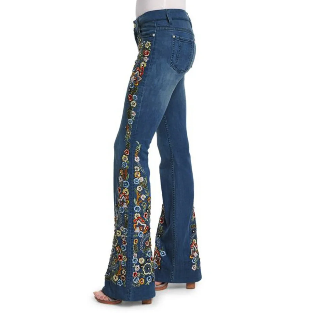 Women Mom Flare Jeans Vintage Embroidery Floral Print Button Waist Bell Bottom Denim Pants Women Casual Boyfriend Jeans