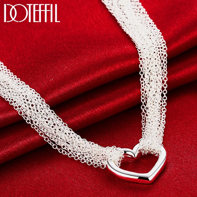 DOTEFFIL 925 Sterling Silver Necklaces for Women Multi Lines Heart Pendant Necklace Collier Female Fashion Jewelry 1