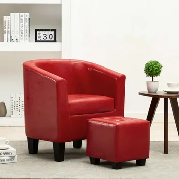 

New Armchair with Footrest Red Leatherette Sofa for Living Room Bedroom Decorative Chair Soft Small Sofa 64x57x70cm Home Decor