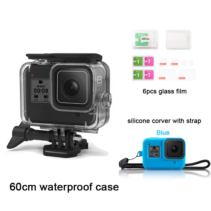60 м водонепроницаемый чехол для дайвинга для GoPro Hero 8 защитный чехол Корпус объектива камеры с 6 шт стеклянной пленкой и силиконовым покрытием