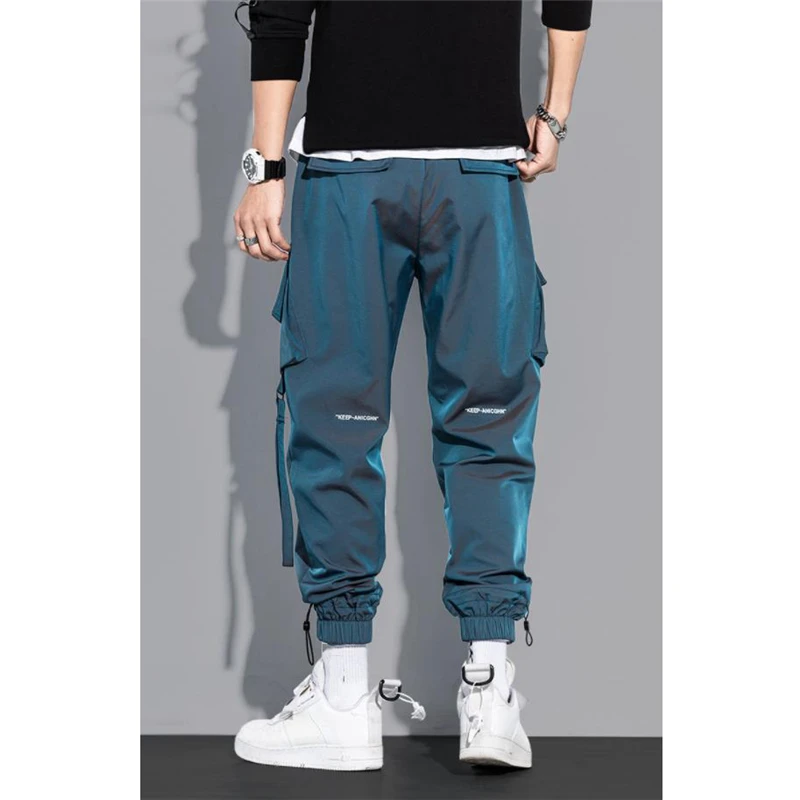 Hip Hop Streetwear Joggers Pants Men Student Casual Cargo Pant Trousers High Street Elastic Waist Loose Laser Harem Pant Boys cargos for men