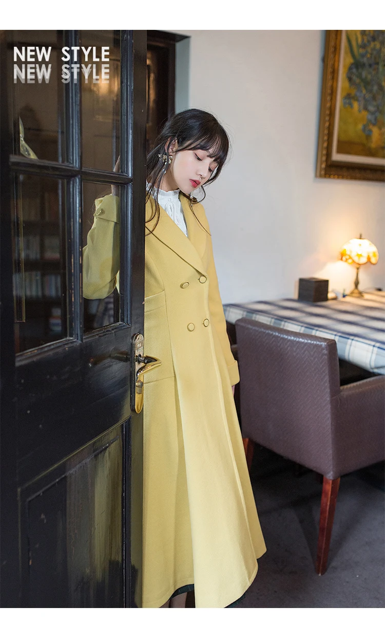 YOSIMI Winter Wool Coat Women Woolen Coat Turn-down Collar with Hooded Full Sleeve Long Coat Jacket Double Breasted Midi