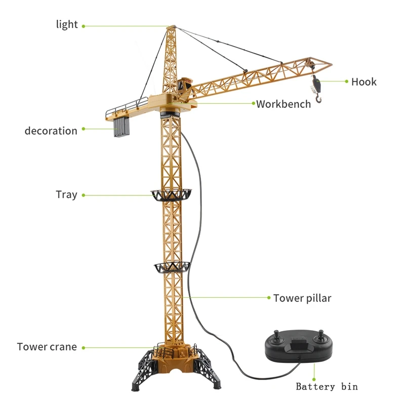 FBIL-Remote Control Crawler Crane Toy for Children Hanging Tower Crane with Working Tower Light Adjustable Height 128CM