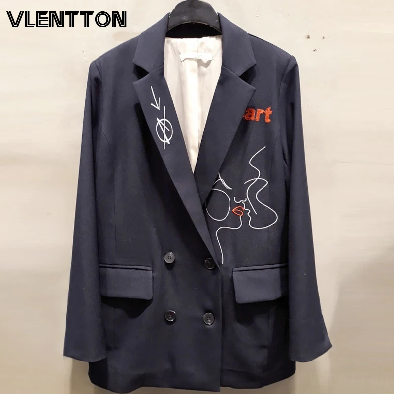 

2020 Spring Autumn Vintage Letter Embroidery Blazer Jacket Women Chic Pockets Suit Coat Female Tops Elegant Office Blazers Mujer