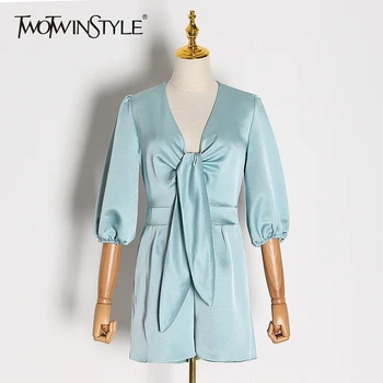 

TWOTWINSTYLE Elegant Lace Up Bowknot Playsuit Women V Neck Puff Sleeve High Waist Tunic Jumpsuit Female Clothes 2020 Fashion New