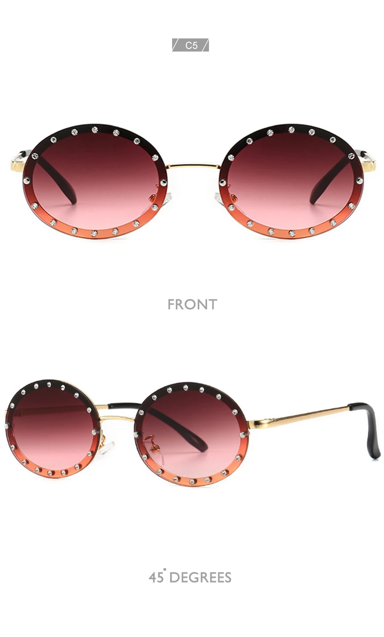 Королевские Модные женские брендовые круглые металлические солнцезащитные очки для женщин, дизайнерские безрамные Декоративные Солнцезащитные очки с бриллиантами для женщин ss178