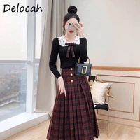 Delcoah Summer Fashion Women Runway Skirts Set Long Sleeve Black Sweaters + High Waist Plaid A-Line Skirts 2 Two Pieces Suits