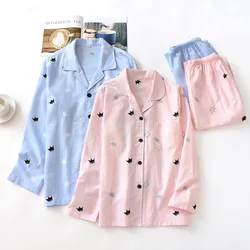 Spring/autumn Couple Pajamas Set Pure Cotton Gauze Pajamas for Women Loose Comfy Soft Long Sleeve Trousers Men/women Homewear