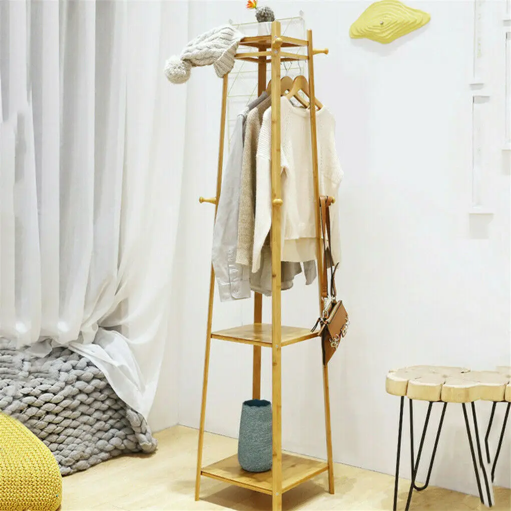 Bamboo Coat Rack Free Standing 2-Shelves Clothing Storage Garment Organizer Stand with 8 Hooks Clothes Poles 55kg Load-bearing f 5