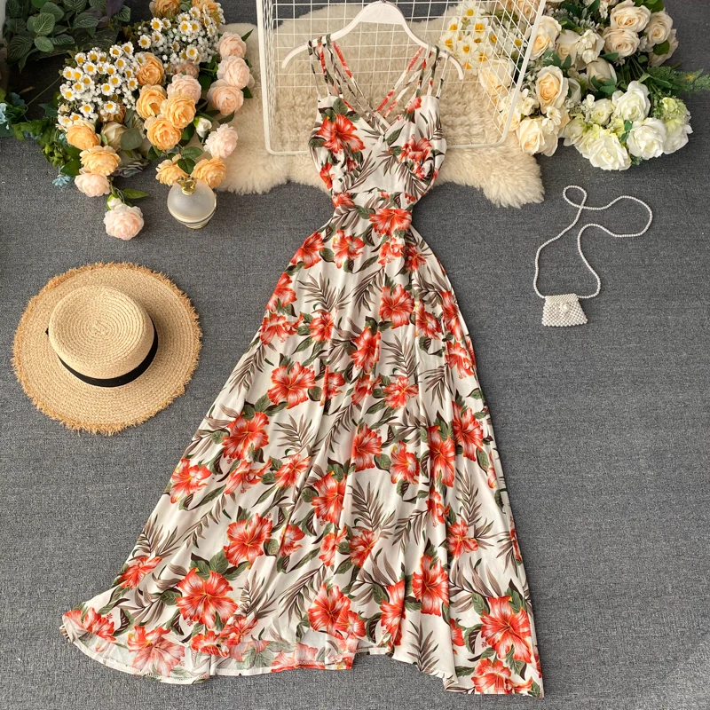 Neploe Sexy Open Back Bohemian Holiday Long Dress High Waist Hip Cross Design Print A Line Vestido V Neck Sleeveless Camis Ropa