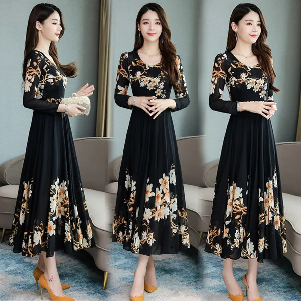 

2019 Early Autumn New Style WOMEN'S Dress Lady Floral Printed Dress Waist Hugging Slimming Elegant over-the-Knee Long Skirts Kuo