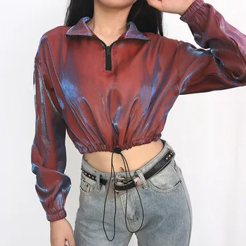 

Europe and the United States Spring Early Autumn Women's Hip Hop Zip Waist Glitter Short Coat