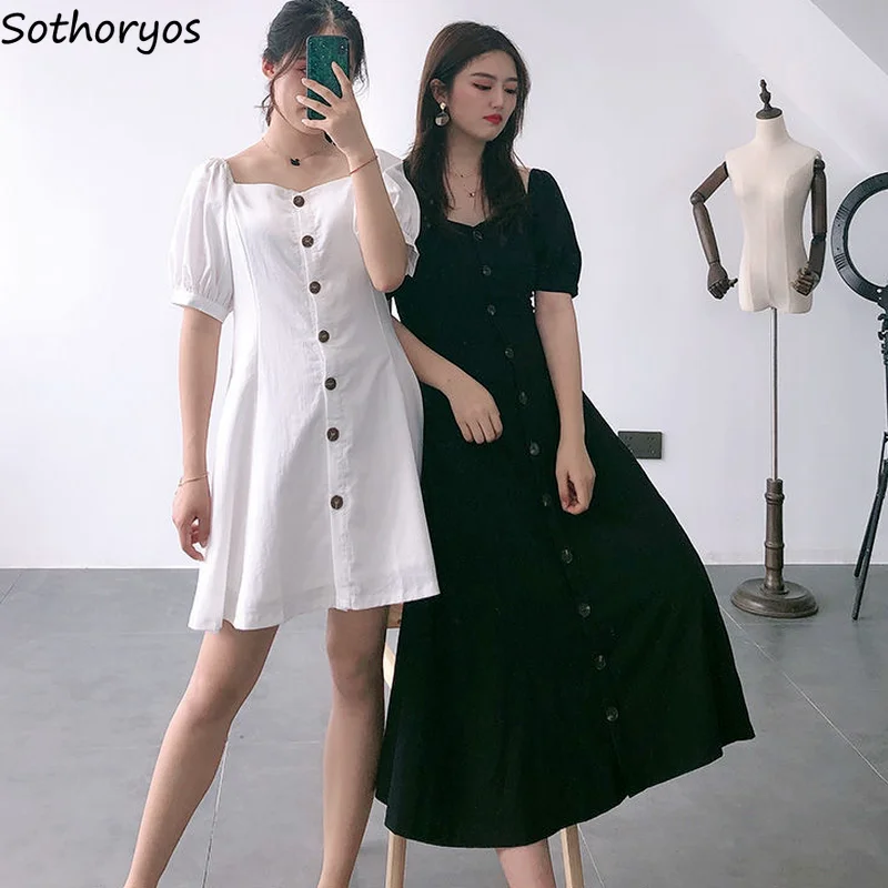 

Dress Women Short Puff Sleeve Solid Draped Single Breasted Fashion Chic Elegant Lovely Fairy Empire Casual Vestido Ulzzang S-3XL