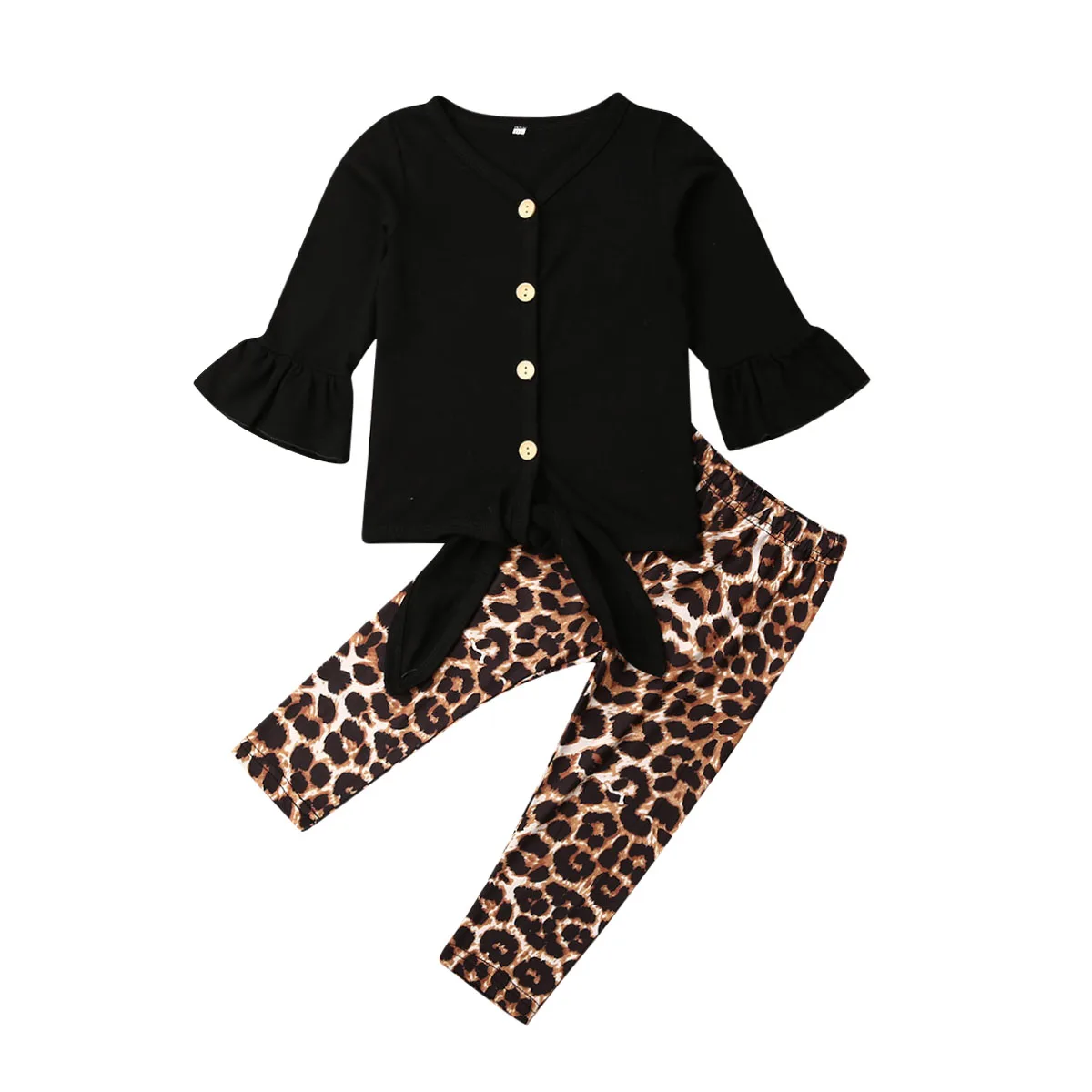 Комплекты одежды для маленьких девочек от 1 до 6 лет Однотонная футболка с длинными рукавами Топы, леопардовые леггинсы, штаны, комплект одежды, спортивный костюм - Цвет: Черный