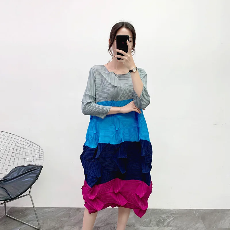Серый MIYAKE плиссированное платье со стразами осень и зима новое Плиссированное базовое платье - Цвет: Серый
